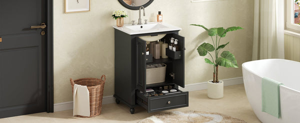 English Elm 24'' French Style Bathroom Vanity with Ceramic Sink Soft Close Cabinet and Drawer Black N710P411227B