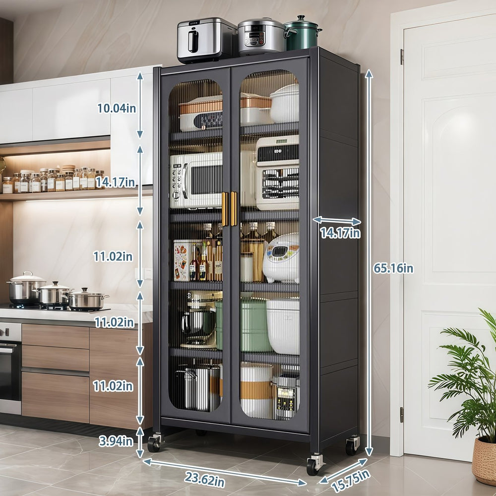 English Elm 65" Metal Pantry Cabinet with Transparent Doors, 6-Tier Adjustable Shelves, Locking Wheels, Gray W3204P300623