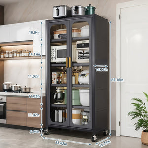 English Elm 65" Metal Pantry Cabinet with Transparent Doors, 6-Tier Adjustable Shelves, Locking Wheels, Gray W3204P300623