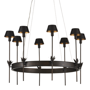 Coterie Bronze Chandelier: Elegant Wrought Iron Design with Warm Gold Shades & Adjustable Height Features