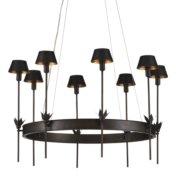 Coterie Bronze Chandelier: Elegant Wrought Iron Design with Warm Gold Shades & Adjustable Height Features