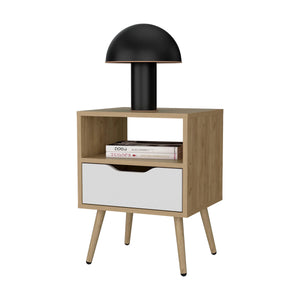 English Elm Natural Oak and White Scandinavian Nightstand with Drawer Cut-Out, Open Shelf & Angled Legs for Cozy Storage B062P303913