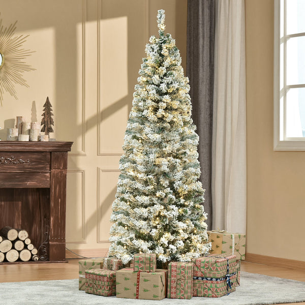 English Elm Homcom 6Ft Slim Douglas Fir Pre-Lit Christmas Tree With 250 Warm Leds & Snow-Flocked Tips For Easy Setup W2225P229785