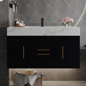 English Elm 39.4 Inch Floating Bathroom Vanity Sintered Stone Top Solid Wood 2 Soft Close Drawers W3136S00081