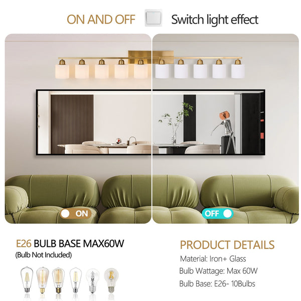 English Elm 65inch Gold Bathroom Light Fixtures Modern Vanity Mirror Light 10-Bulb E26 Milky Glass Wall Sconce Design W2312P374860