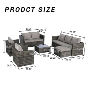 English Elm 6 Piece Outdoor Modular Sectional with Pe Wicker Cushioned Seating and Tempered Glass Table W874S00060