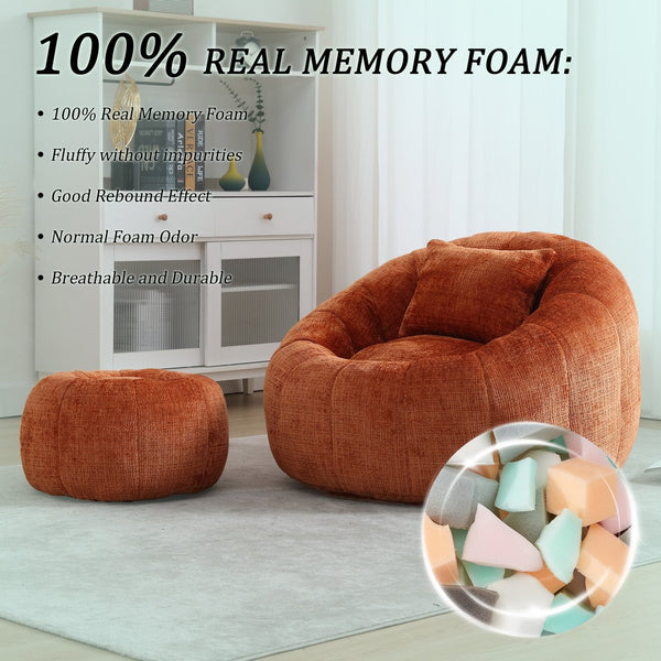 English Elm UNITED Cloud-Luxe Chenille Memory Foam Bean Bag Chair with Ottoman and Pillow for Ultimate Comfort Orange W1568P361695