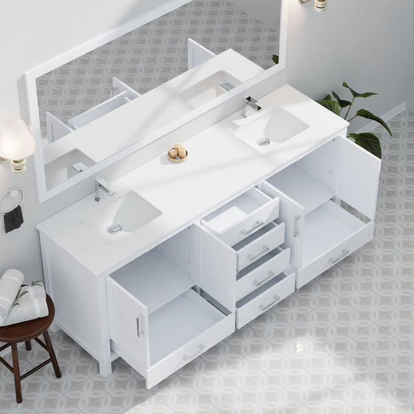 English Elm White Double Bath Vanity 80 in. W x 22 in. D with White Quartz Top, Chrome Faucets, 30" Mirrors, Durable Finish B2731S01055