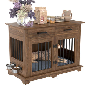 English Elm 44.48" Wooden Dog Crate End Table with Drawers Rotating Bowls Farmhouse Pet Kennel Brown N704P379112D