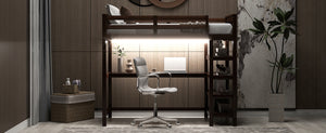 English Elm Twin Pine Loft Bed with Built-in Desk Open Shelves and Led Ambient Lighting Espresso GX000245AAP
