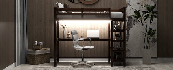 English Elm Twin Pine Loft Bed with Built-in Desk Open Shelves and Led Ambient Lighting Espresso GX000245AAP