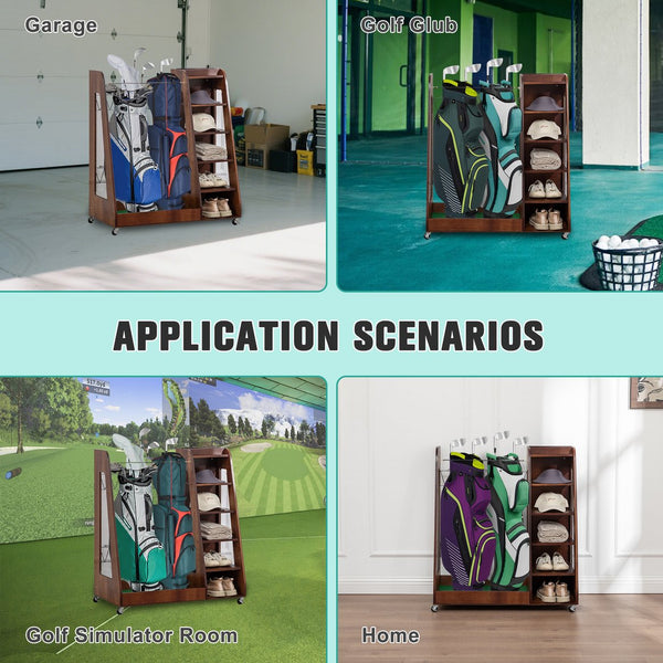 English Elm Golf Bag Storage Rack Wooden 2 Bag Organizer with Shoe Shelf for Garage Basement Brown W1422P296352