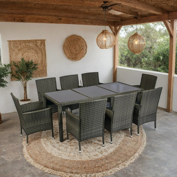 English Elm 9 Piece Outdoor Wicker Dining Set - Grey PE Rattan, Tempered Glass Table, Black Cushions, Rust‑Free Frame W329S00052