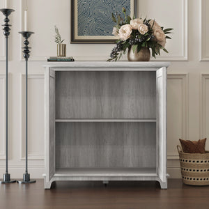 English Elm Elegant Mirrored Sideboard with Butterfly Carved Doors Wood Grain Finish Dining Storage Light Gray W2899P372740