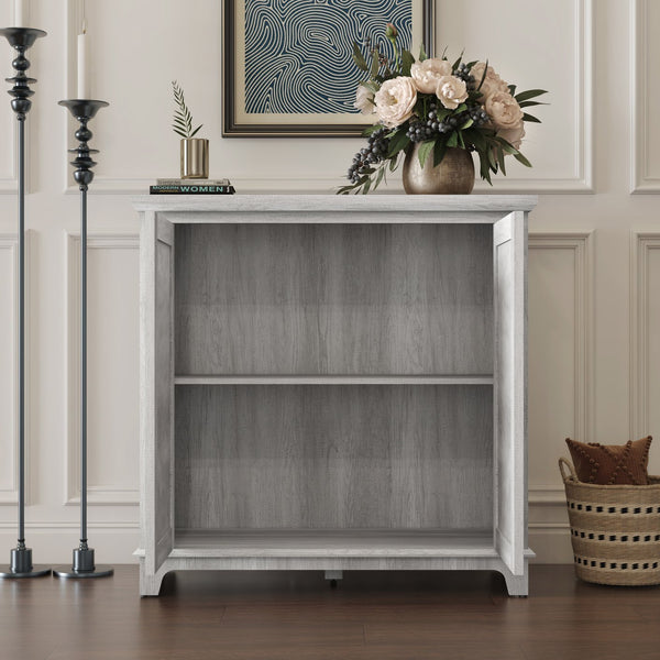English Elm Elegant Mirrored Sideboard with Butterfly Carved Doors Wood Grain Finish Dining Storage Light Gray W2899P372740