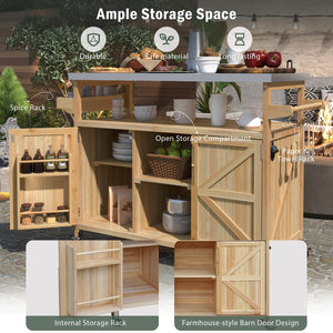 English Elm K&K Outdoor Kitchen Island Rolling Bar Cart with 1.2" Stainless Steel Top, Ample Storage, Wheels and Spice Rack Natural WF532198AAY