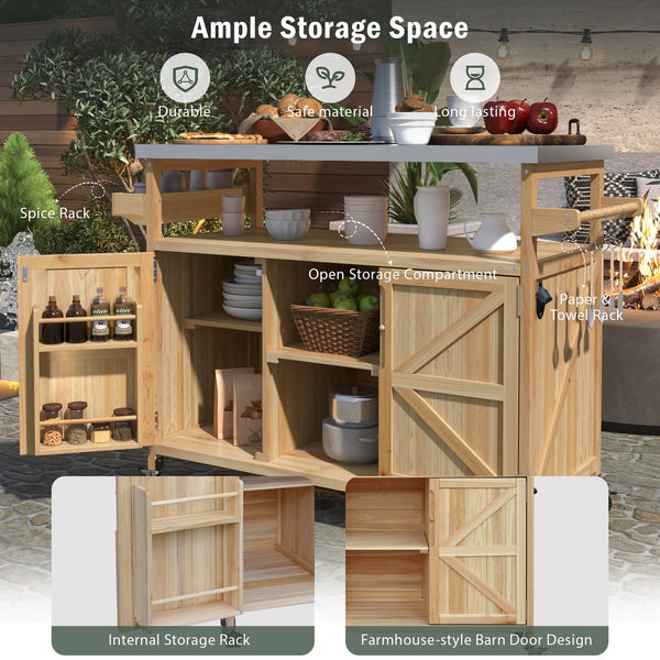 English Elm K&K Outdoor Kitchen Island Rolling Bar Cart with 1.2" Stainless Steel Top, Ample Storage, Wheels and Spice Rack Natural WF532198AAY