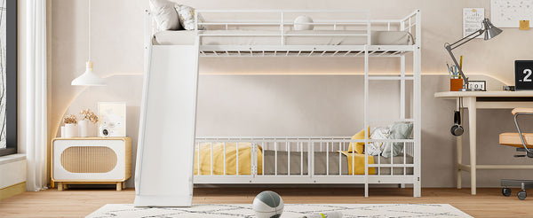 English Elm Twin Twin over Twin metal bunk bed with slide, guardrails and convertible loft design for safety and playfulness White SF000169AAK