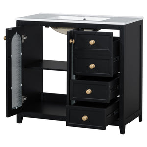 English Elm 36-inch ceramic basin vanity with patterned glass doors, gold round handles & ample storage drawers Black N729P184710B