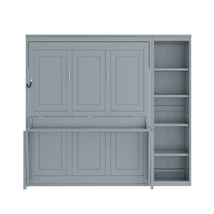 English Elm Full Murphy Bed with Storage Cabinets and Shelves, Space-Saving Wooden Wall Bed with 600lb Capacity Gray N7090004015E