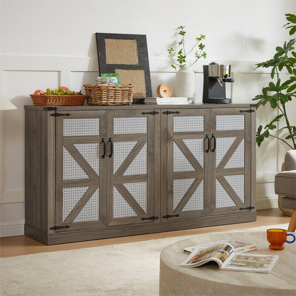 English Elm 65-Inch Slate Gray 3D Faux Rattan Sideboard with Barn-Style Doors, Magnetic Closure & Adjustable Shelves Stone Gray W2702P184395