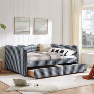 English Elm Full Size Gingham Linen Daybed with Wave Backrest Trundle and Usb Charging Port Navy Blue W1413S00148