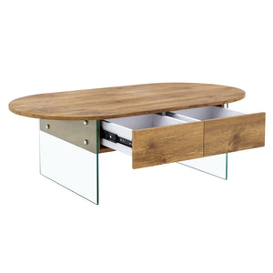 English Elm Cozy Natural Oval Coffee Table with Dual Drawers, Tempered Glass Legs, Wood Grain MDF Top, 43.3"x23.6" W1512P405601