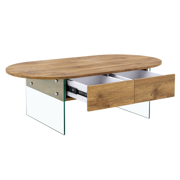 English Elm Cozy Natural Oval Coffee Table with Dual Drawers, Tempered Glass Legs, Wood Grain MDF Top, 43.3"x23.6" W1512P405601