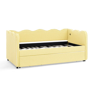 English Elm Cozy Gingham Linen Daybed with Pull Out Trundle Usb Port Wave Back Twin Sofa Yellow W1413S00121