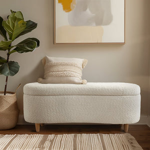JLA Home INK+IVY - Boucle-Style Plush Storage Bench with Curved Front, Soft-Close Hinges & Solid Wood Legs for Entryways Cream II105-0593