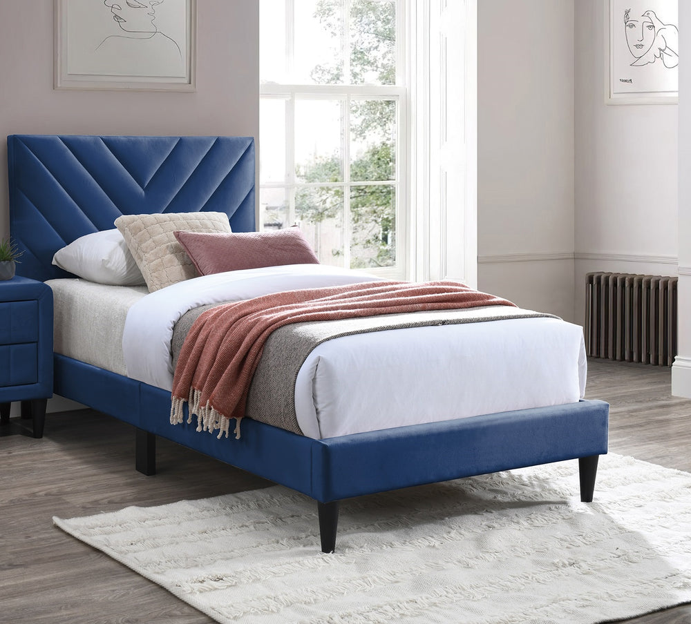 English Elm 1pc Twin Platform Bed Velvet Upholstered Adjustable Headboard V-stitch Blush Bedroom Navy Blue B011P415212