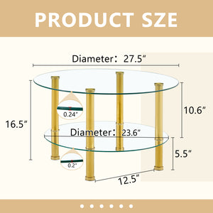 English Elm Contemporary Double Layer Tempered Glass Coffee Table 27.5" Top 23.6" Bottom Gold Legs, Modern Luxurious Design W1512P355039