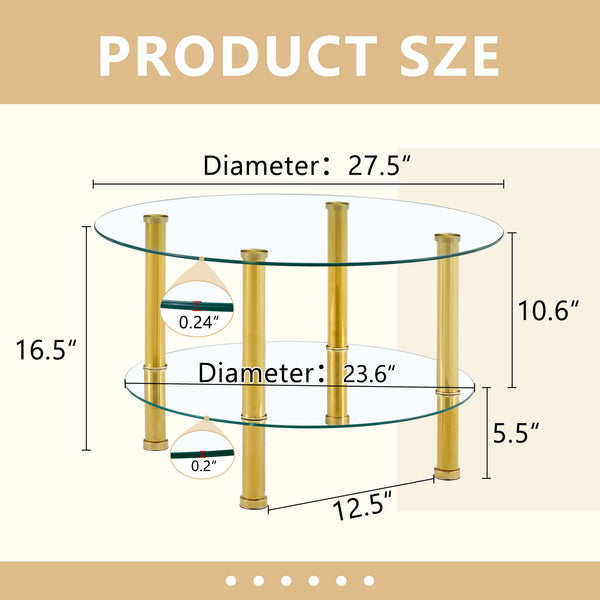 English Elm Contemporary Double Layer Tempered Glass Coffee Table 27.5" Top 23.6" Bottom Gold Legs, Modern Luxurious Design W1512P355039