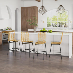 English Elm HOMCOM Boho Rattan Bar Stools Set of 4 – 26" Counter Height, Breathable Wicker Seats, Steel Frame, Yellow W2225P229567