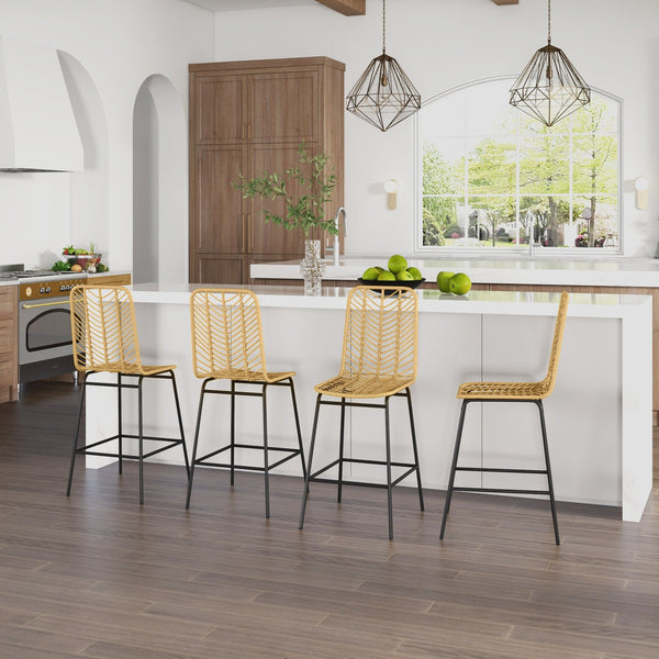 English Elm HOMCOM Boho Rattan Bar Stools Set of 4 – 26" Counter Height, Breathable Wicker Seats, Steel Frame, Yellow W2225P229567