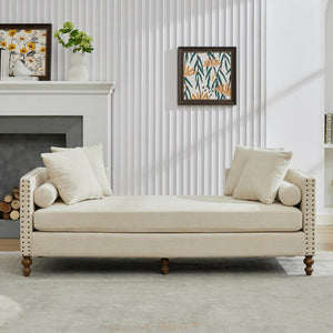 English Elm 75.2'' Chenille Upholstered Daybed Chaise with Nailhead Trim and Rubberwood Legs Beige W3188S00056