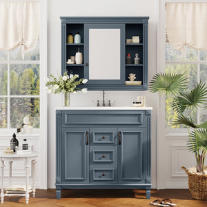 English Elm 36'' Bathroom Vanity with Sink and Mirror Cabinet, Modern MDF & Solid Wood Design, Ceramic Top, Soft-Close Doors Blue SW000115AAC-1