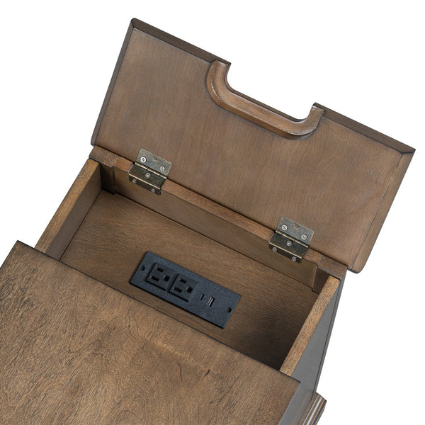 English Elm U-can Acacia Wood End Table with Usb Charging Station Drawer and Cabinet Storage Antique Brown N724P353565D