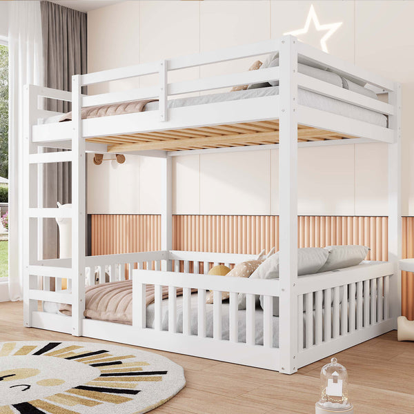 English Elm Full Full over Full Wood Bunk Bed with Ladder & Guardrails, Space-Saving Pine Frame for Kids Rooms White N7090002223K