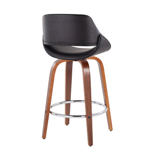 English Elm Fabrico Mid-Century Modern Counter Stool Set Of 2 In Walnut Wood & Black Faux Leather With Chrome Footrest B202S00253