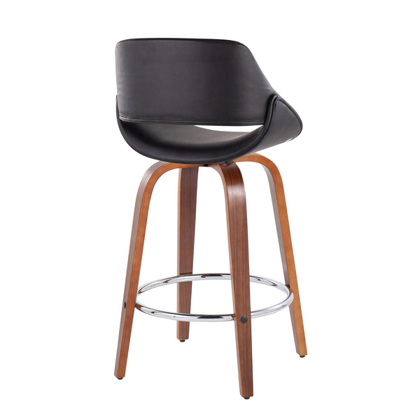 English Elm Fabrico Mid-Century Modern Counter Stool Set Of 2 In Walnut Wood & Black Faux Leather With Chrome Footrest B202S00253