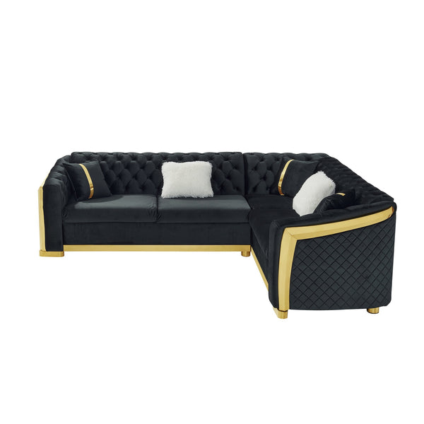 English Elm 106 Inch Velvet Tufted Chesterfield Sectional with Gold Steel Legs for Large Living Rooms Black W1191S00046