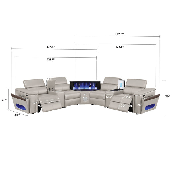 English Elm Nova Tech Sectional with Led Bar Bluetooth Speakers Power Recliners and Freezer Console Gray B009S02168