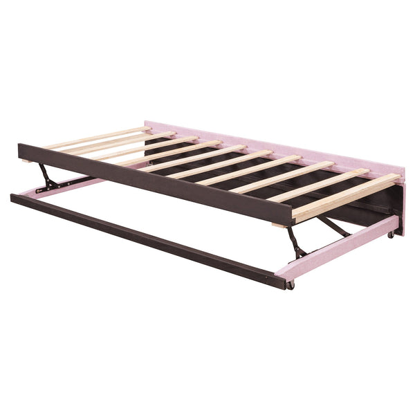 English Elm Twin Upholstered L-Shaped Daybed with Pop-Up Trundle, Space-Saving Guest Bed with Slats Kit and 400lb Capacity Pink SF000193AAH