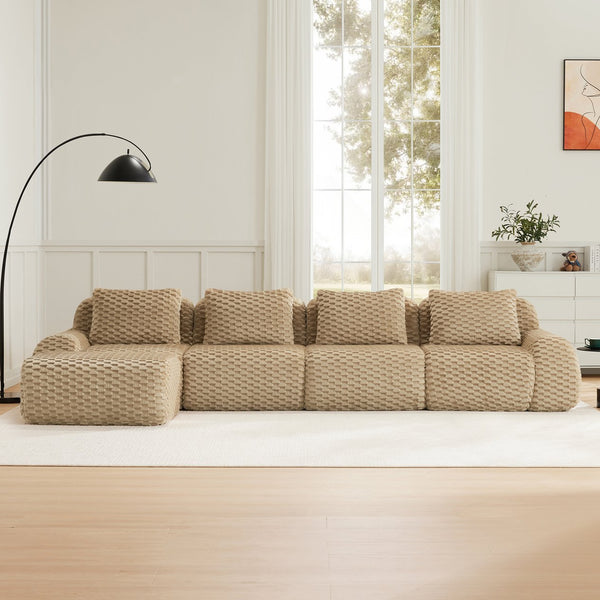 English Elm 146" Modular L-shaped Sectional Flannelette Sofa with Ottoman Tool-free Living Room Setup Light Camel W714S01515
