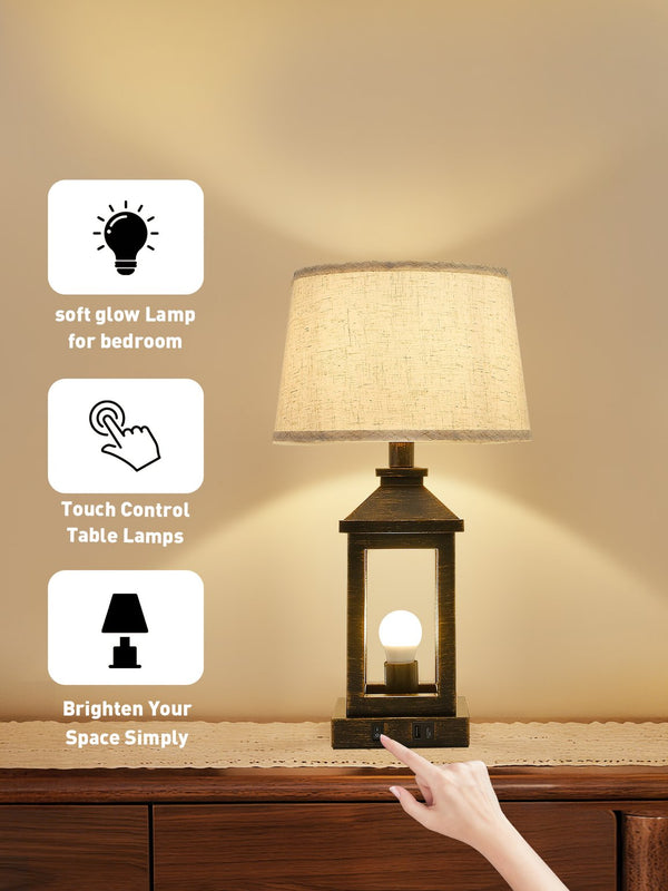 English Elm 20.5in Vintage Table Lamp Set of 2 Rustic Farmhouse Nightstand Lamps with Linen Shade & USB Ports Black+Gold W2312P389975