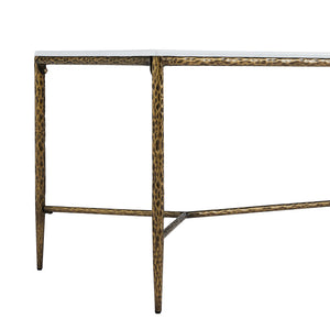 English Elm 6-seater Faux Marble Dining Table with Hammered Iron Brass Accent Legs Modern Loft Forged Brass N771P392428Z