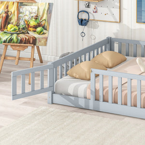 English Elm Twin Solid Rubberwood Floor Bed with Full Perimeter Safety Rails for Toddler Rooms Grey W504P296784