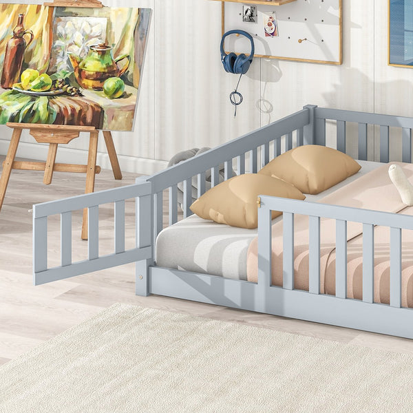 English Elm Twin Solid Rubberwood Floor Bed with Full Perimeter Safety Rails for Toddler Rooms Grey W504P296784