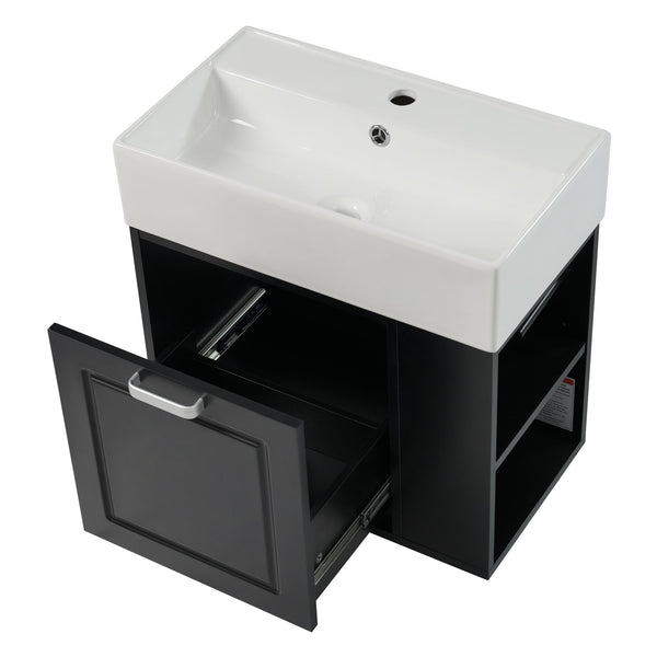 English Elm Christopher Knight Home® - 21.8" Wall-Mounted Bathroom Vanity with Ceramic Sink, Soft-Close Drawer, Adjustable Shelves & Tissue Holder Black N759P292550B